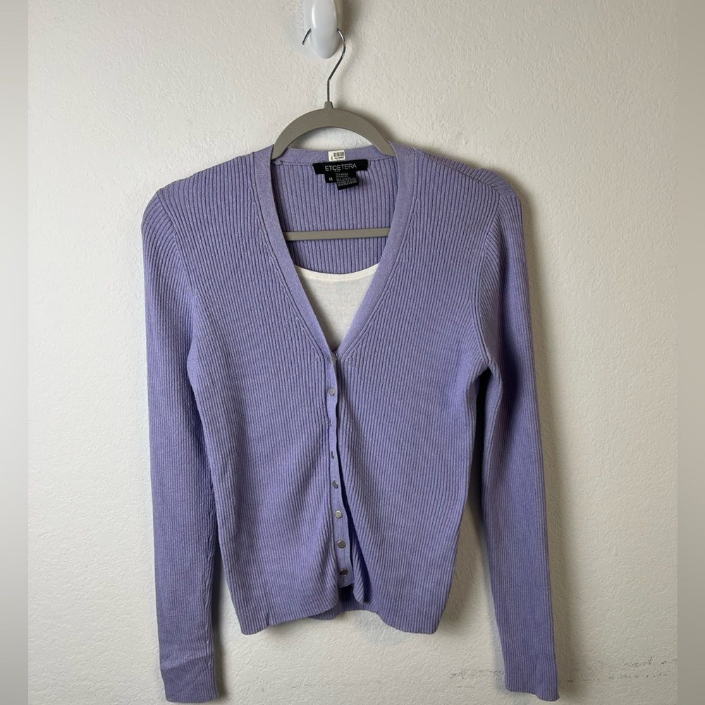 Etcetera Lavender Ribbed Long Sleeve Attached Tank Cardigan Top Office Fall